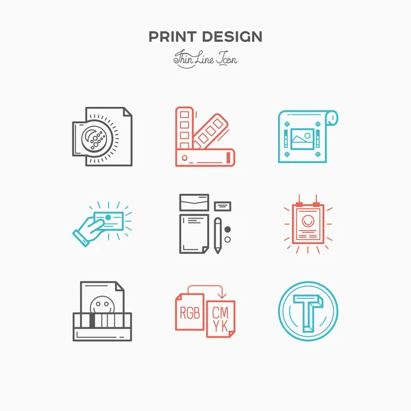 Flat line icons of Print design process, from color selection and coloring test to color printing, printing on t-shirts and print corporate identity.