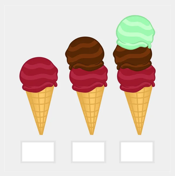 Set de ilustración de helados. Lista de precios con un conjunto de bolas de helado en pequeños conos de oblea — Archivo Imágenes Vectoriales