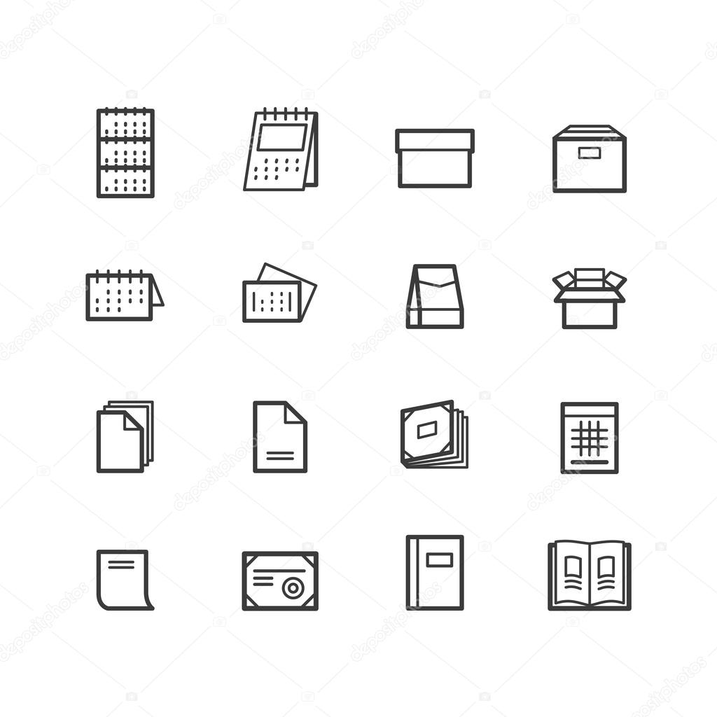 Printing icons. Paper icons. Printing Products icons. Calendar, pamphlet, booklet, note, box Design icons.