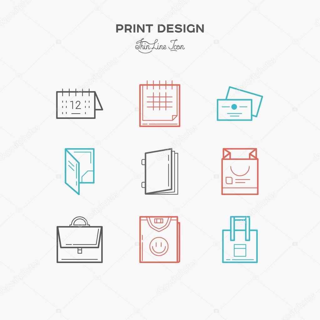 Flat line icons of Print design products, from pamphlet and booklet to business card, calendar, folder, note, t-shirt, bags and package. Printing industry icons set.