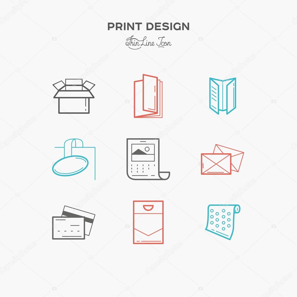 Flat line icons of Print design products, from pamphlet and booklet to plastic card, calendar, pattern, envelopes, bags and package.