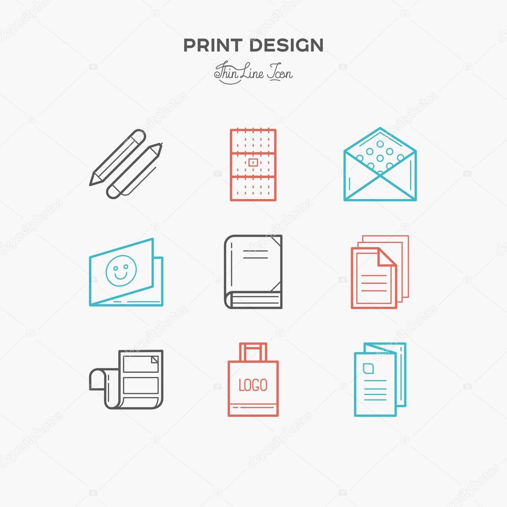Flat line icons of Print design products, from pamphlet and booklet to greeting card, calendar, folder, flayers, labels, souvenirs, bags and package.