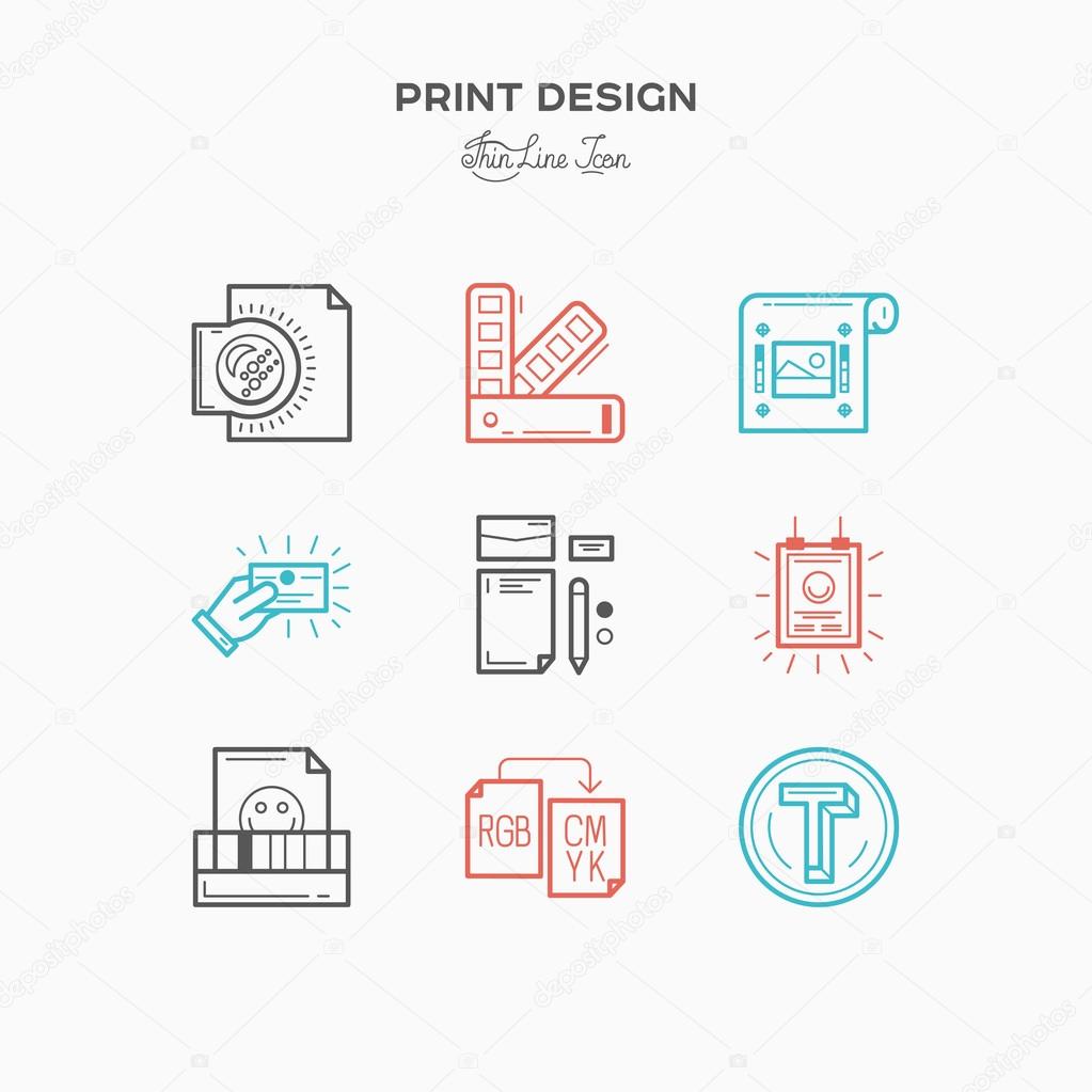 Flat line icons of Print design process, from color selection and coloring test to color printing, printing on t-shirts and print corporate identity.