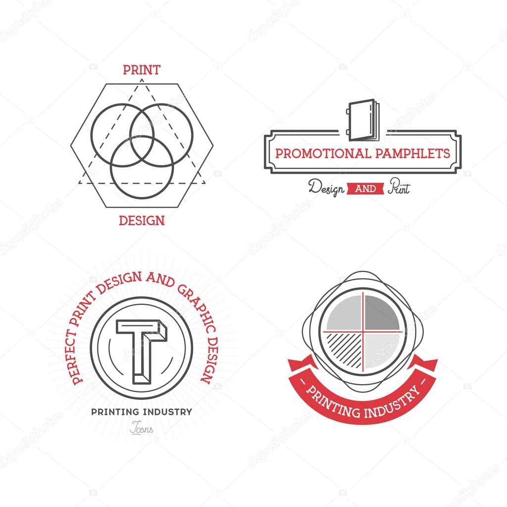 Printing industry Logos, Badges and Labels Design Elements set. Print, design, prepress vintage style objects retro vector illustration.