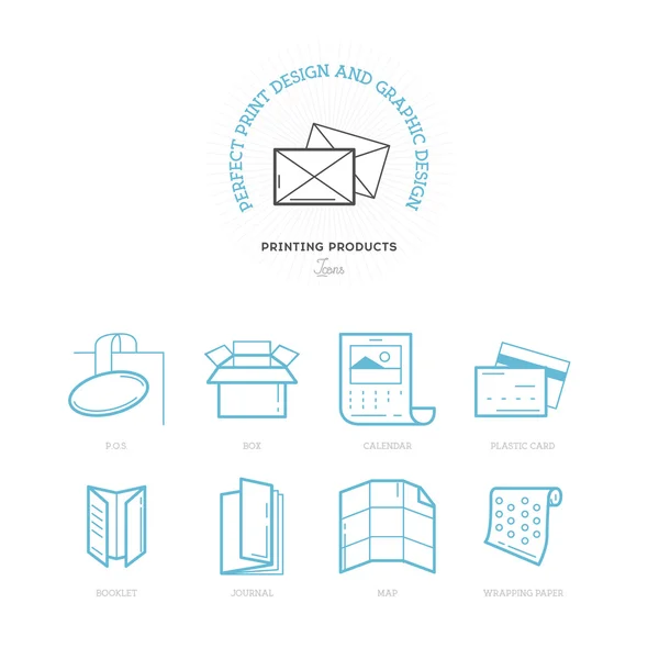 Flat line icons of Print design products, from pamphlet and booklet to plastic card, calendar, pattern, envelopes, bags and package. Printing industry icons set.