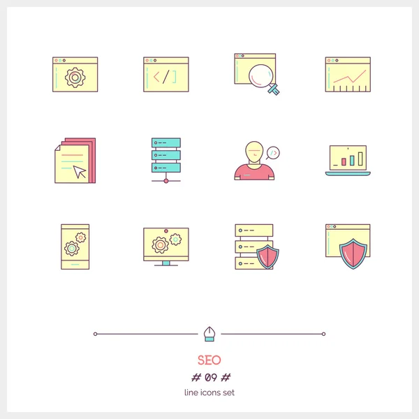 Color line icon set of SEO elements, big data center graph, inte — ストックベクタ