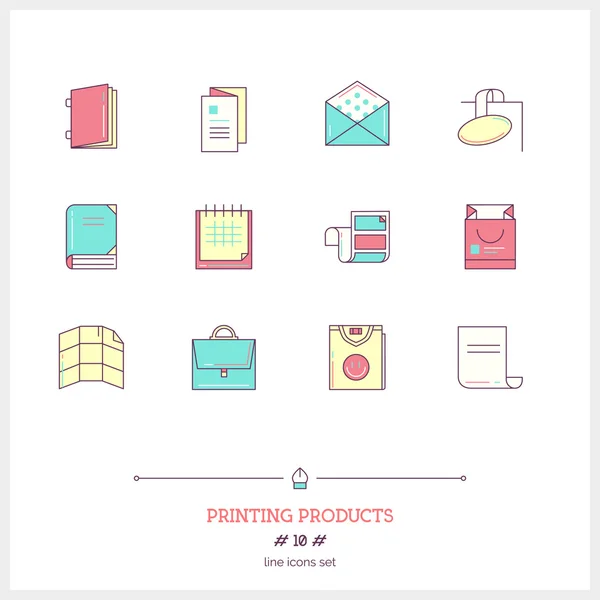 Color line icon set of printing objects elements. Print industry — Stockový vektor