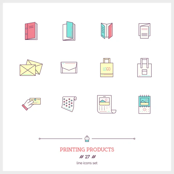 Color line icon set of printing objects elements. Print industry — Stockvector