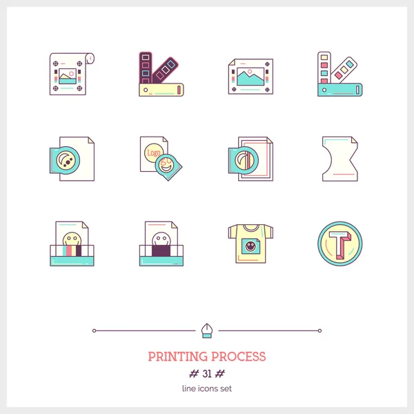 Color line icon set of printing process tools elements. Types of — Stock Vector