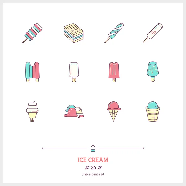 Icônes de ligne de couleur ensemble d'objets de crème glacée. Desserts de crème glacée, f — Image vectorielle