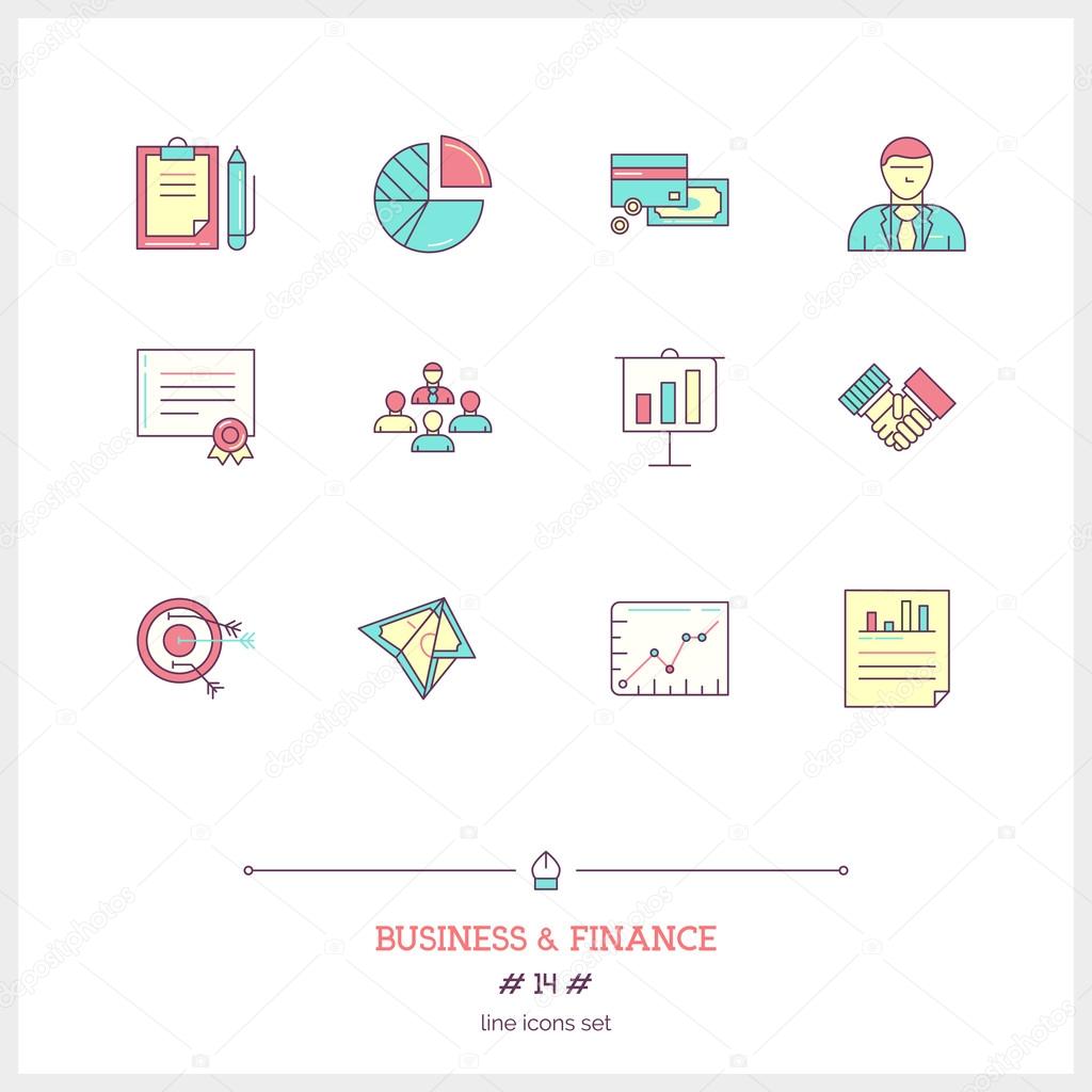 Color line icon set of business, time management objects and tools elements. Management, job project, statistic, business deal, documents, certificate, money profit. Logo icons. Vector illustration.