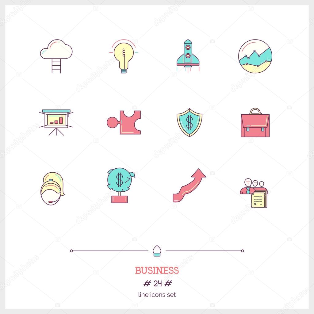 Color line icon set of business process, objects and tools eleme