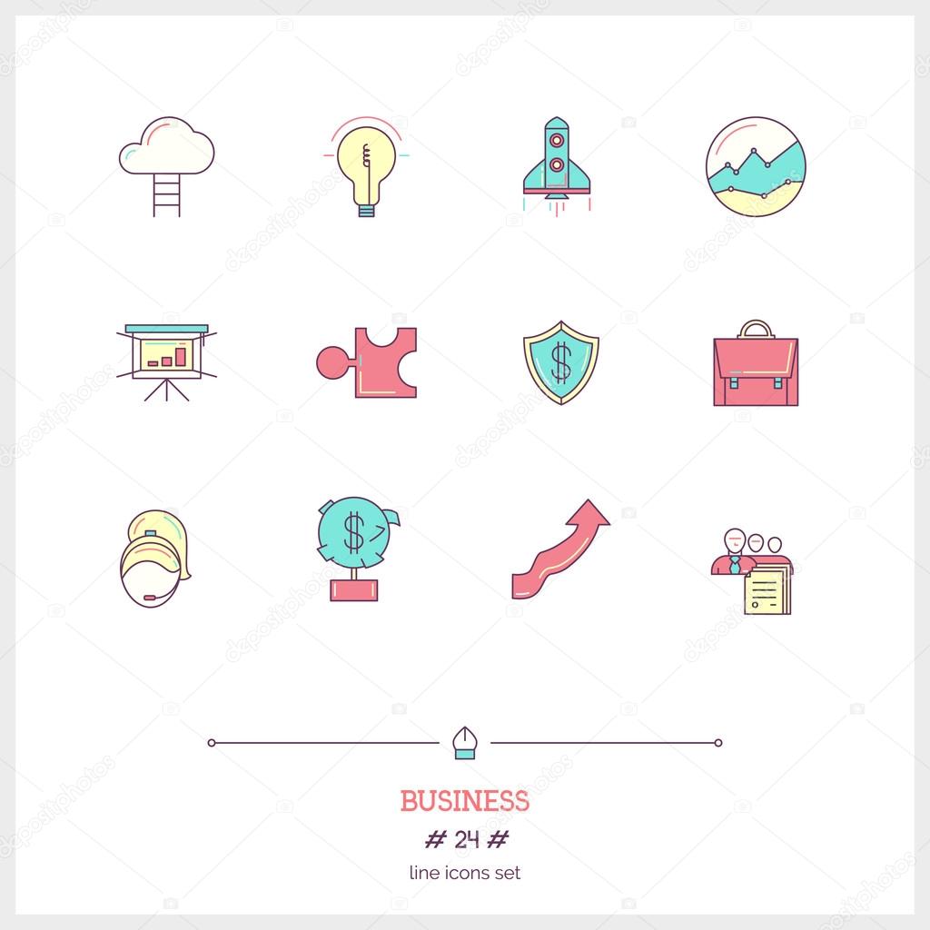 Color line icon set of business process, objects and tools elements. Business deal, way to success, metaphors, management, big money, business protection. Logo icons vector illustration