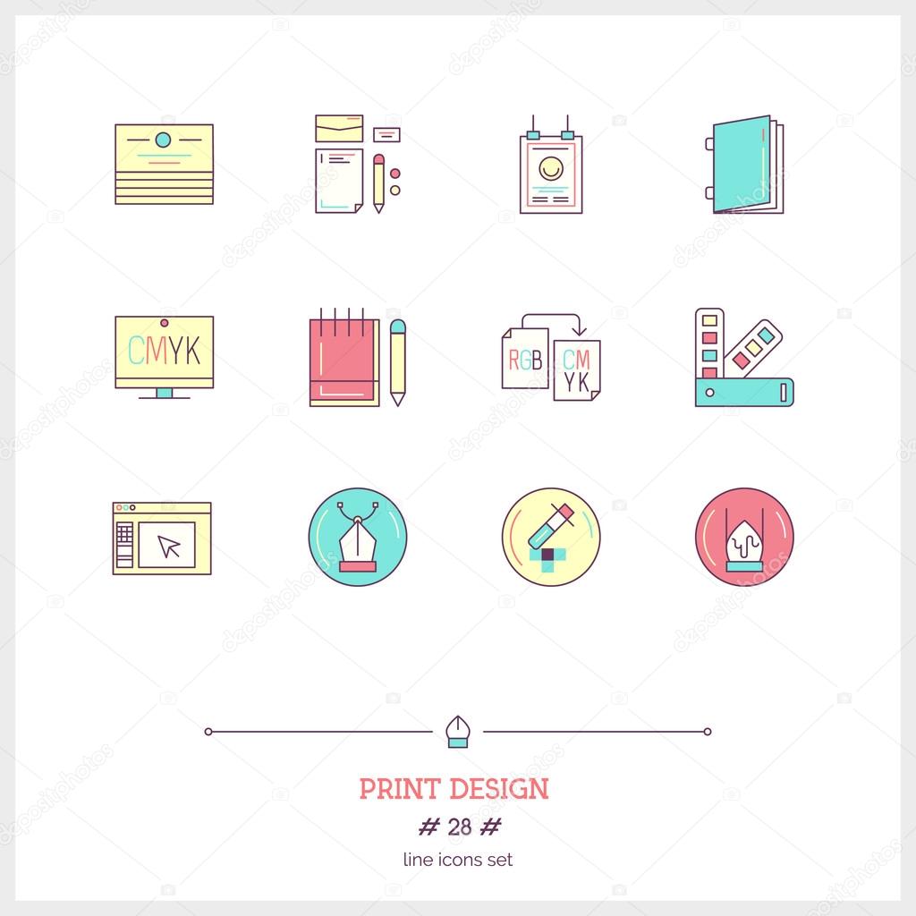 Color line icon set of graphic design work process objects. UI and UX website making,  graphic design and web product development. Logo icons vector illustration