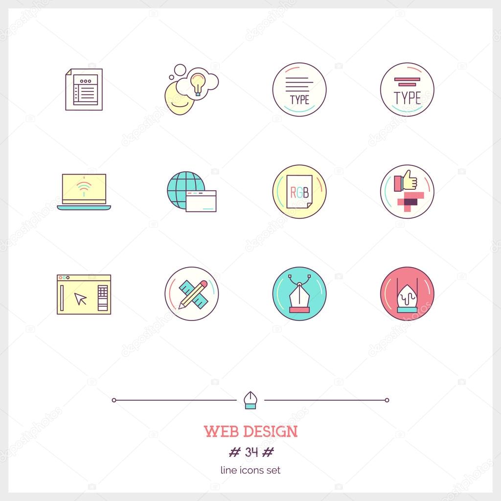 Color line icon set of web design work process objects. UI and U
