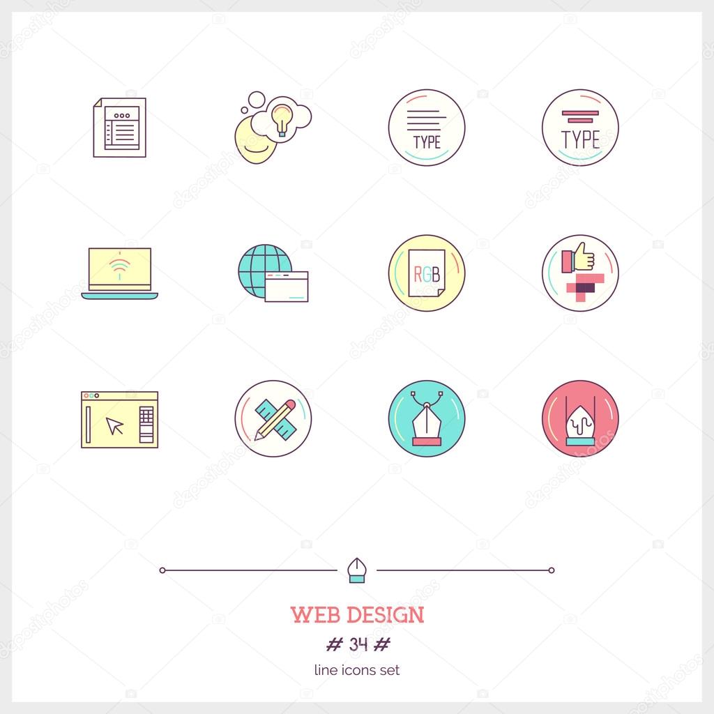 Color line icon set of web design work process objects. UI and UX website making,  graphic design and web product development. Logo icons vector illustration