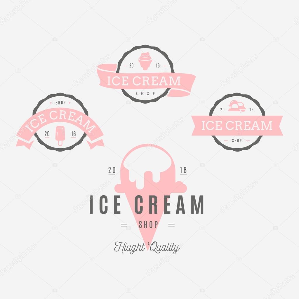 Set of ice-cream shop labels, logotypes and design elements. Vintage collection of different ice cream elements. Cold desserts and ice cream objects. Vector elements for design. Ice cream silhouettes.
