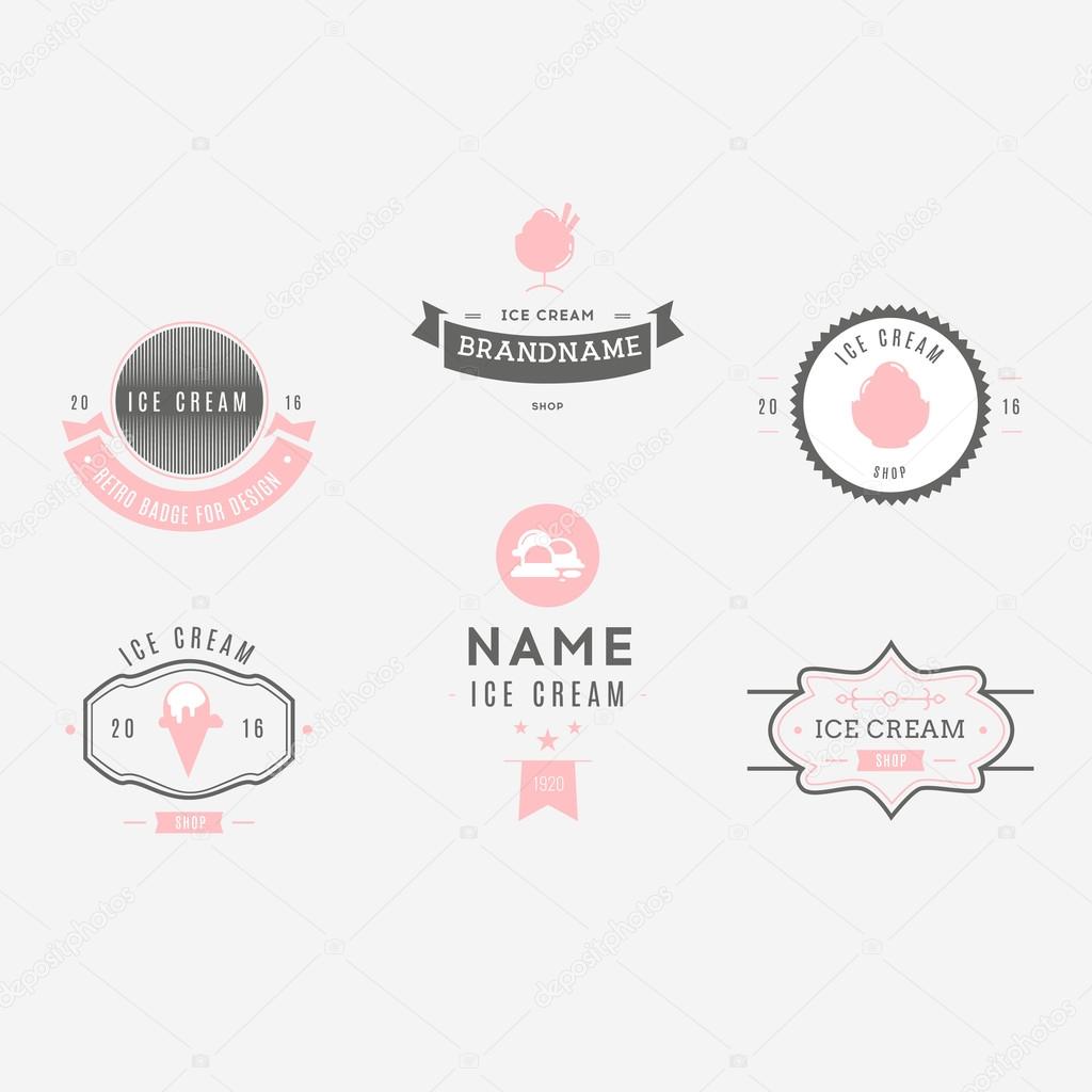 Set of ice-cream shop labels, logotypes and design elements. Vintage collection of different ice cream elements. Cold desserts and ice cream objects. Vector elements for design. Ice cream silhouettes.