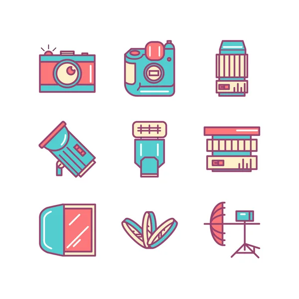 Fotografía canta conjunto. Iconos de arte de línea delgada. Estilo plano illustrat — Vector de stock