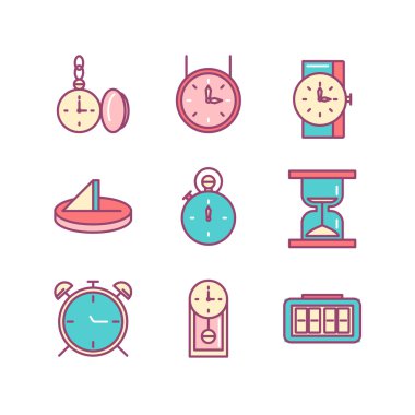 Zaman ve saatleri Icons söylüyor set. İnce çizgi sanat simgeler. Düz stil