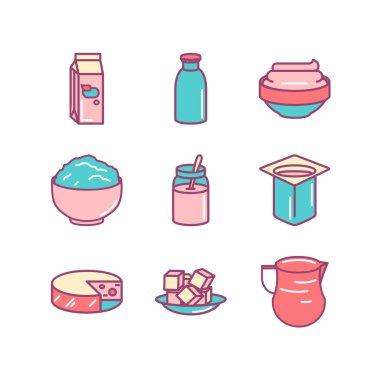 Süt çiftlik taze ürünler Icons set söylüyor. İnce çizgi sanat simgeler. F