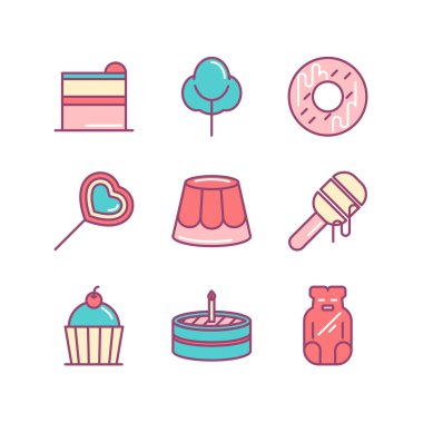 Tatlılar ve şeker Icons söylüyor set. İnce çizgi sanat simgeler. Düz st
