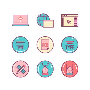 Web Tasarım kümesi söylüyor. İnce çizgi sanat simgeler. Düz stil illustrati