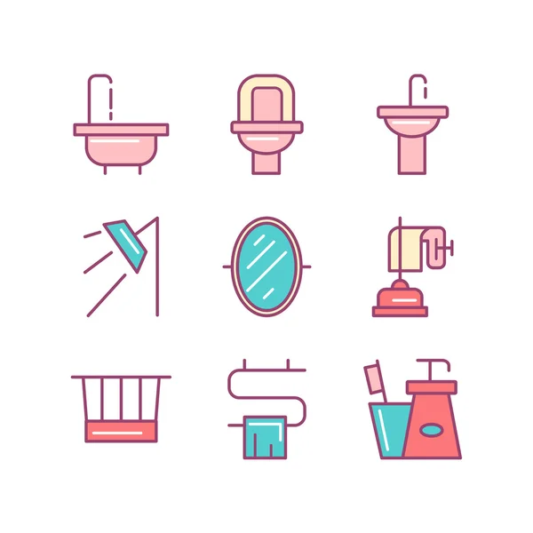 Набір іконок для ванної кімнати. Художні піктограми тонкої лінії. Плоский стиль неприємний — стоковий вектор