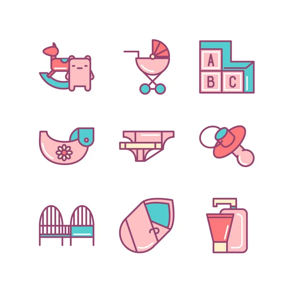 Bebé tienda objetos y herramientas elementos iconos canta conjunto. Línea delgada — Archivo Imágenes Vectoriales