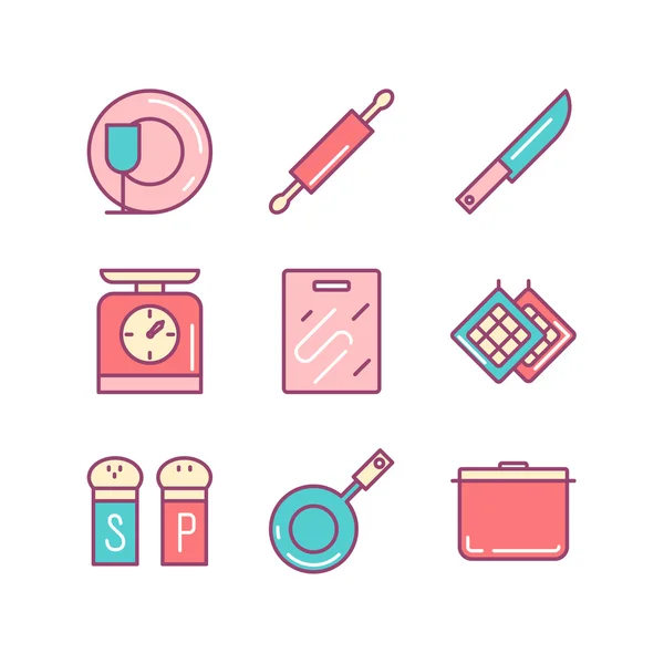 Kitchen stuff icons sings set. Thin line art icons. Flat style i — Stock Vector