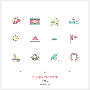 Tatil yaz seyahat, yaz tatili, o renkli simge seti