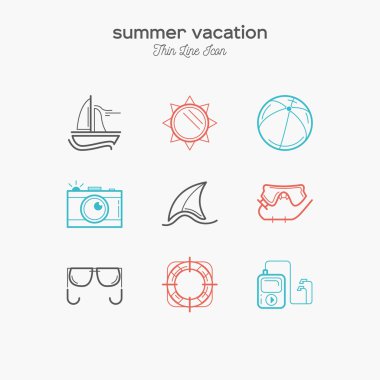 Yaz tatili, turizm, ince çizgi renk Icons set