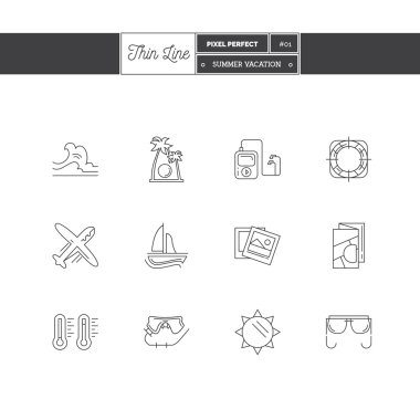 İnce çizgi Icon set tatil yaz seyahat, yaz tatili