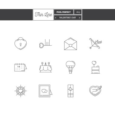 İnce çizgi Icon set Sevgililer günü, romantik nesneleri ve araç öğeleri