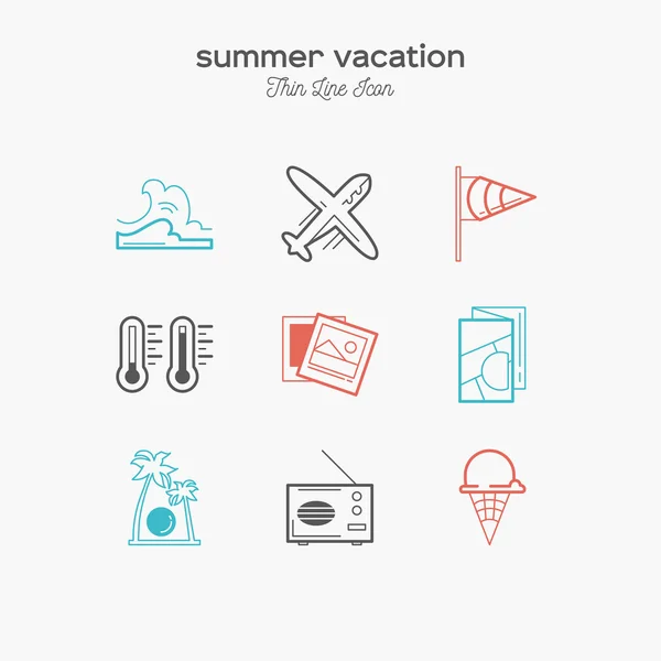 Liburan musim panas, pariwisata, ikon warna garis tipis ditetapkan - Stok Vektor