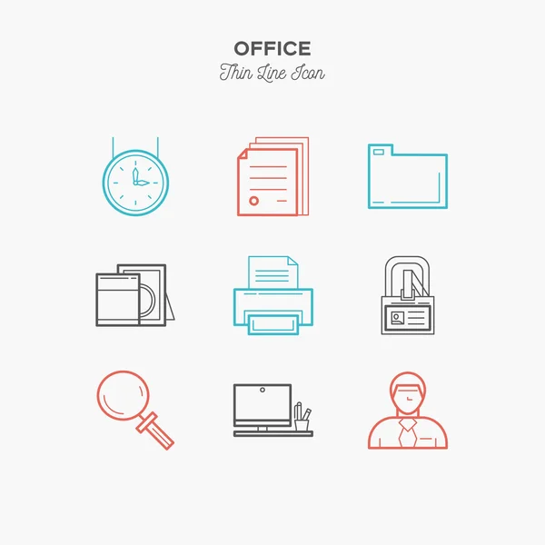 Bureau, lieu de travail, ligne mince icônes de couleur ensemble — Image vectorielle
