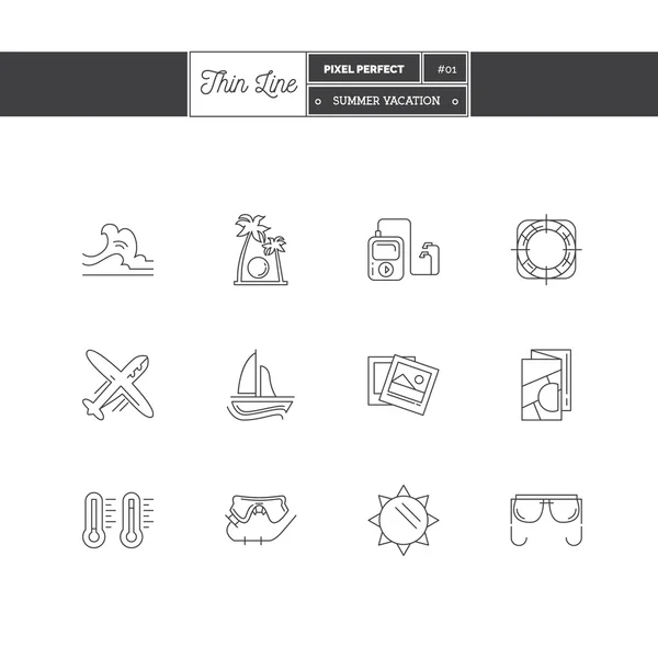 Ícone de linha fina conjunto de férias viagem de verão, férias de verão — Vetor de Stock