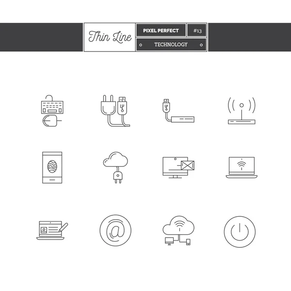 Dunne lijn icon set van technologie apparatuur, proces, objecten en — Stockvector