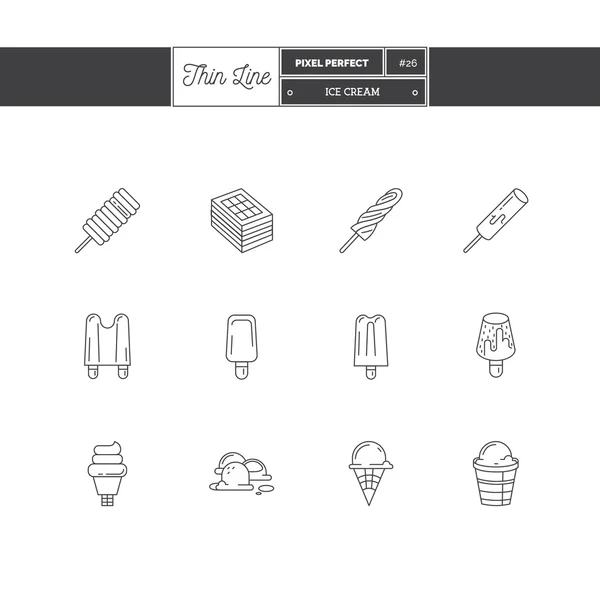 Iconos de línea Conjunto de objetos de helado. Postres de helado, hielo de frutas . — Archivo Imágenes Vectoriales