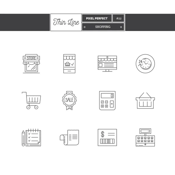 Liniensymbole Set von Shopping, Speicherobjekten und Werkzeugelementen. Handelsgeschäft, Einkaufen, Lebensmittelgeschäft, Schnellkauf, Online-Shop, App-Käufe, E-Commerce. — Stockvektor