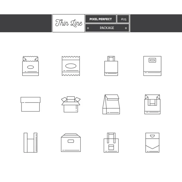 Conjunto de cajas de iconos de línea y objetos de paquete, elementos de herramientas. Caja de artesanía, bolsa de papel, bolsa de algodón, bolsa de plástico, embalaje individual . — Vector de stock
