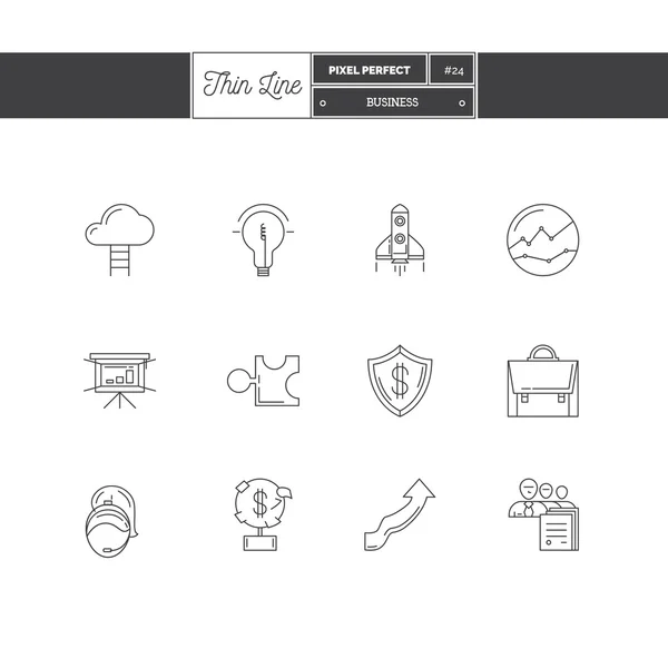 Zeilensymbole Satz von Geschäftsprozessen, Objekten und Werkzeugelementen. Business Deal, Weg zum Erfolg, Metaphern, Management, Big Money, Business Protection. — Stockvektor