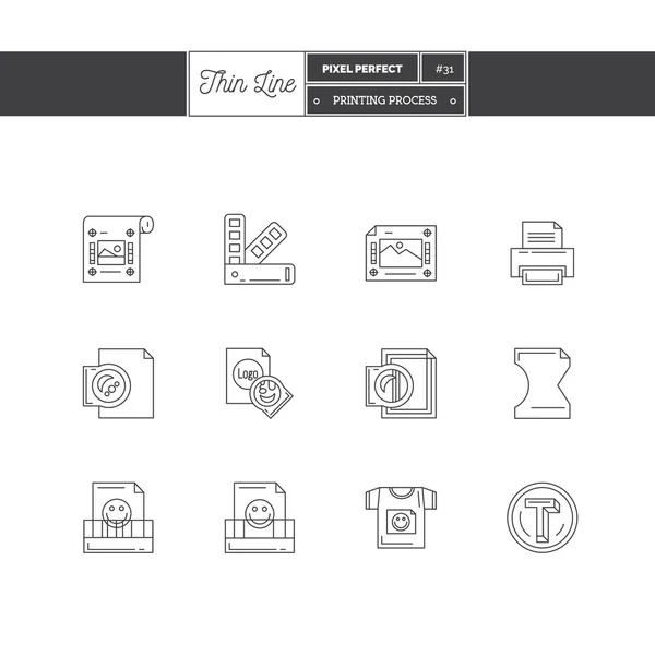 Set di icone a linea sottile di elementi di oggetti di stampa. Industria della stampa, settore tipografico Icone con logo. Illustrazione vettoriale . — Vettoriale Stock