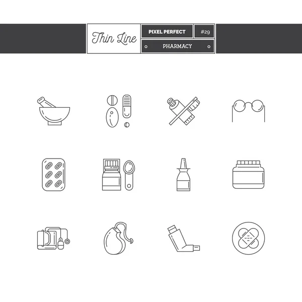 Line Icons Conjunto de productos y objetos de Farmacia. Píldoras de farmacia, óptica, cáscaras de hierbas, cuidado dental, audífono, inhalador, medicina, antibióticos . — Archivo Imágenes Vectoriales