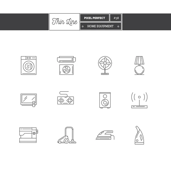 Iconos de línea Conjunto de objetos de equipos para el hogar. lavadora, aspiradora, consola de juegos, TV, equipo de audio, electrodomésticos de limpieza . — Vector de stock