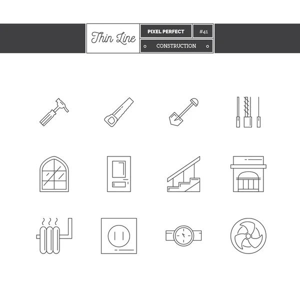 Icônes de ligne Ensemble d'objets de construction. Outils de construction, objets de design d'intérieur . — Image vectorielle