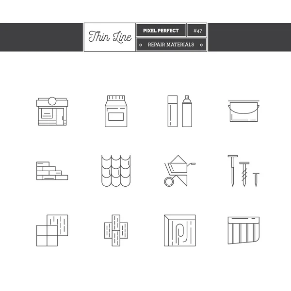 Zeilensymbole Set von Reparaturmaterialien Innen- und Reparaturobjekte. — Stockvektor