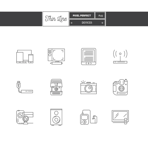 Conjunto de iconos de línea delgada de objetos y elementos de herramientas de dispositivos. Dispositivo — Vector de stock