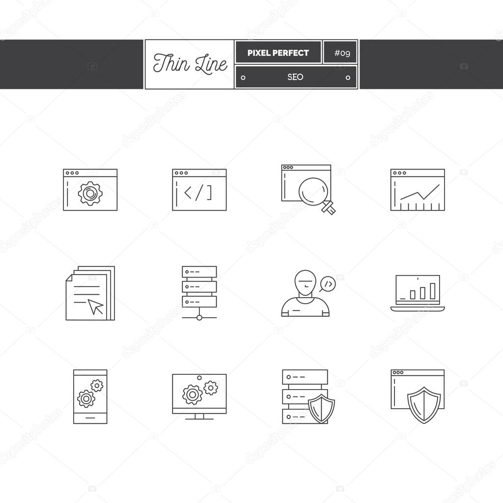 Thin line icon set of SEO elements, big data center graph, internet protection password access, technical instrument. Logo icons. Vector illustration. Logo icons vector illustration