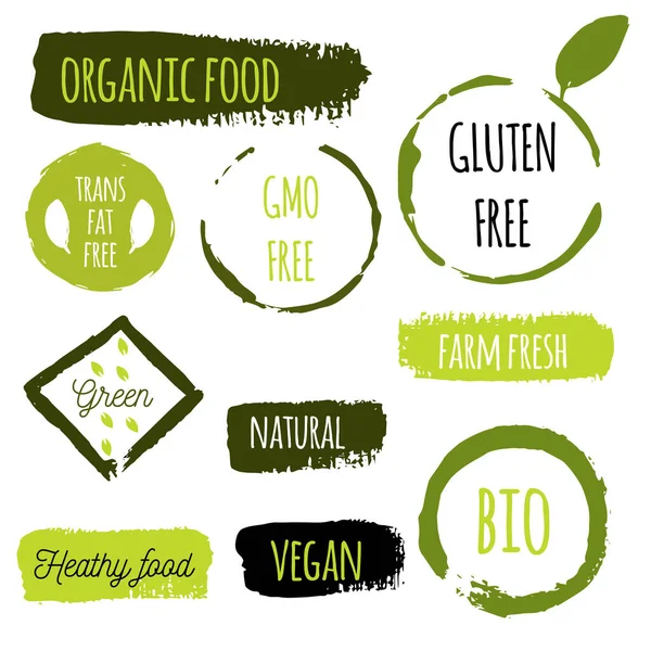 Healthy Food Icons Labels Organic Tags Natural Product Elements Logo — Stock Vector